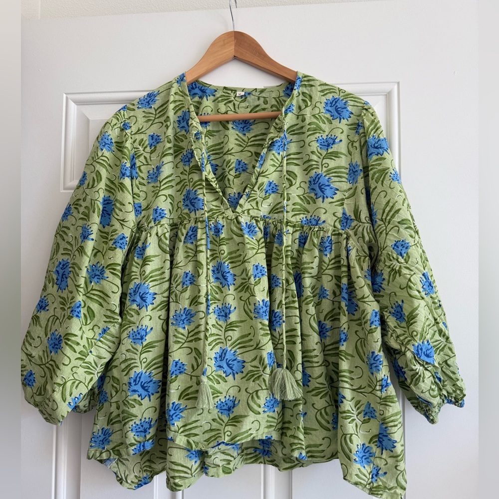 Floral Block Print Blouse in Green and Blue